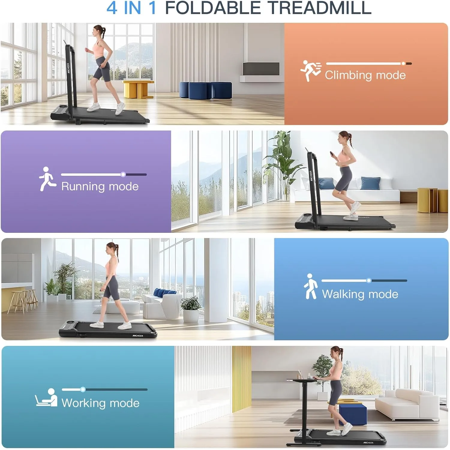 ANCHEER Walking Pad Treadmill with Incline and Handle Bar - Under Desk Treadmill 4 in 1 Folding Treadmills for Home Office/LED Display/Dual Control/12 Preset Programs