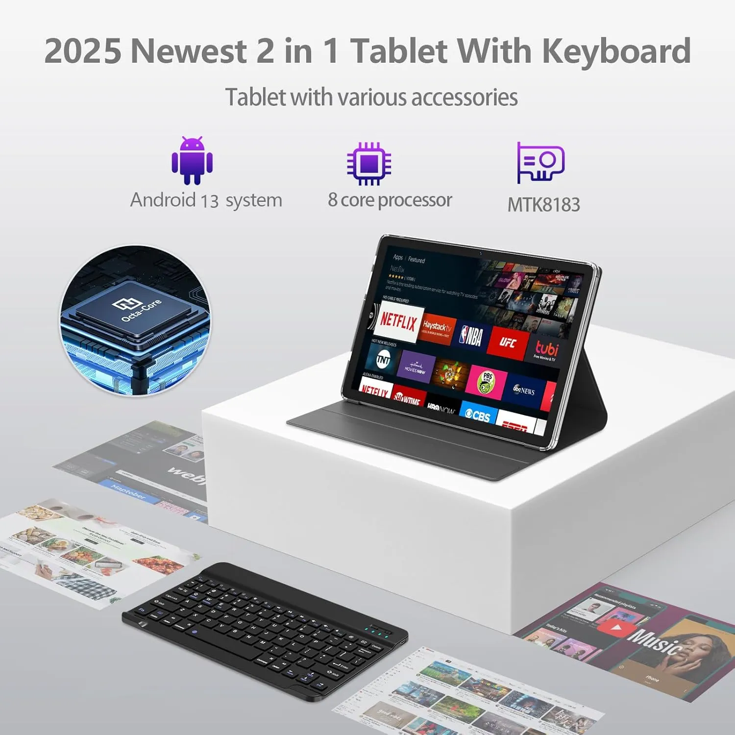 Android 14 Tablet 2025 Latest 10 inch Tablet with Keyboard,128GB ROM 16GB RAM TF1TB Expand,Octa-Core,5GWiFi,1080FHD,13MP 8MPCamera,Bluetooth5.0,GPS,Mouse,Case,Black