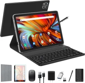Android 14 Tablet 2025 Latest 10 inch Tablet with Keyboard,128GB ROM 16GB RAM TF1TB Expand,Octa-Core,5GWiFi,1080FHD,13MP 8MPCamera,Bluetooth5.0,GPS,Mouse,Case,Black