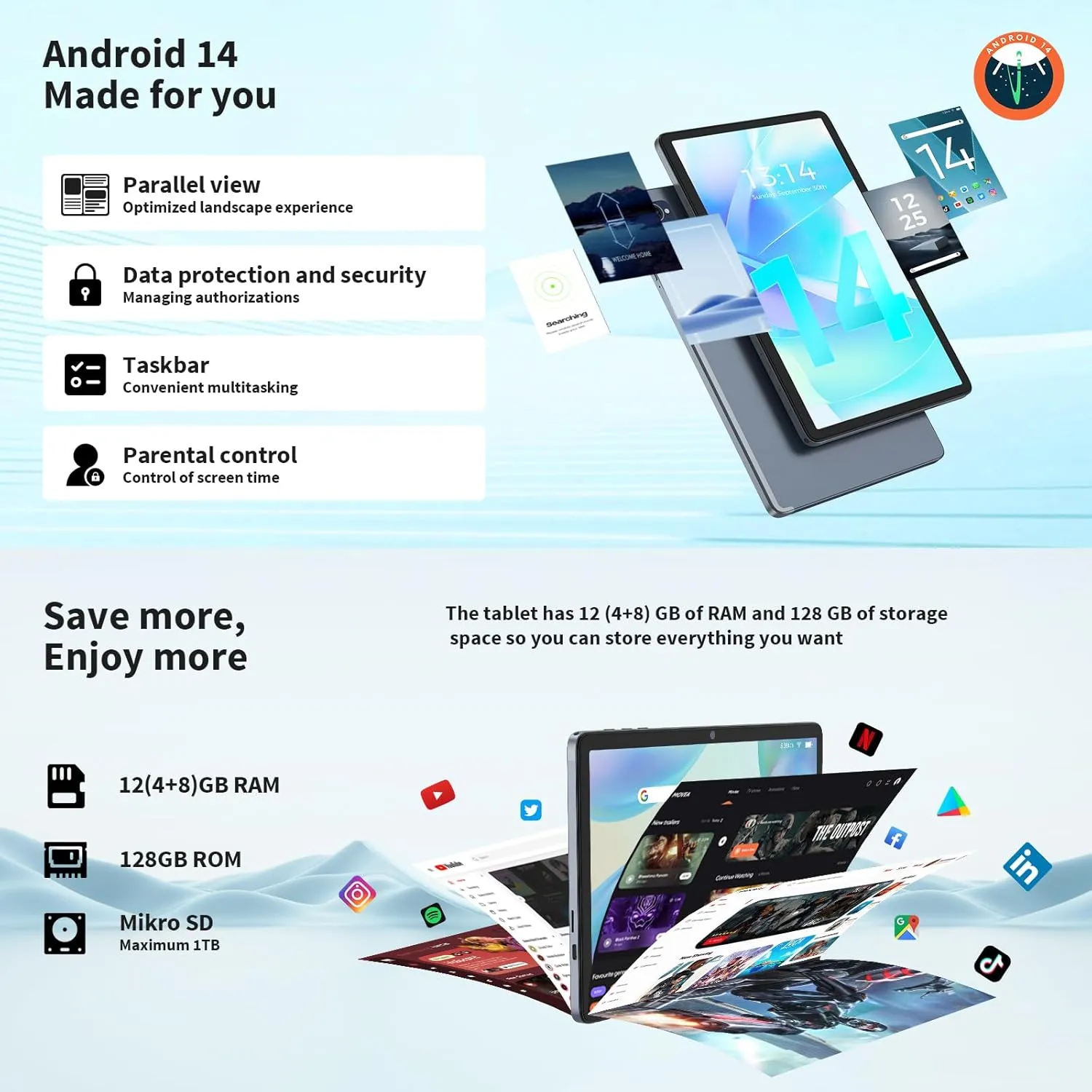 Android Tablet with Keyboard, 10 inch Android 14 Tablet, 12GB RAM 128 Storage(Expand to 1TB), Octa-Core, 2K 1920x 1200 Display, 13MP Dual Camera, 7000mAh, 5G/2.4G WiFi,GPS,Bluetooth 5.0(Green)