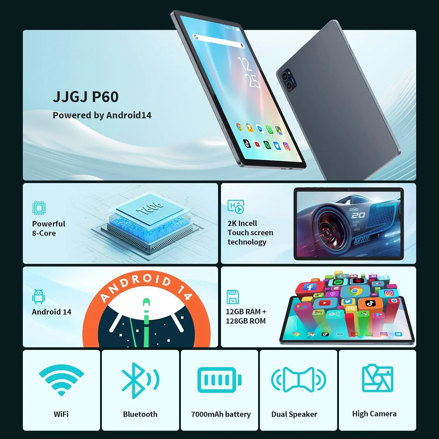 Android Tablet with Keyboard, 10 inch Android 14 Tablet, 12GB RAM 128 Storage(Expand to 1TB), Octa-Core, 2K 1920x 1200 Display, 13MP Dual Camera, 7000mAh, 5G/2.4G WiFi,GPS,Bluetooth 5.0(Green)