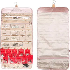 Angelina's Palace EZE Jewelry Hanger Organizer Hook Hanging Closet Jewelry Storage Roll Detachable 24 Earring Ring Bars Protection 24 Bracelet Pouches Watches Pocket with Travel Bag(Memory Purple)