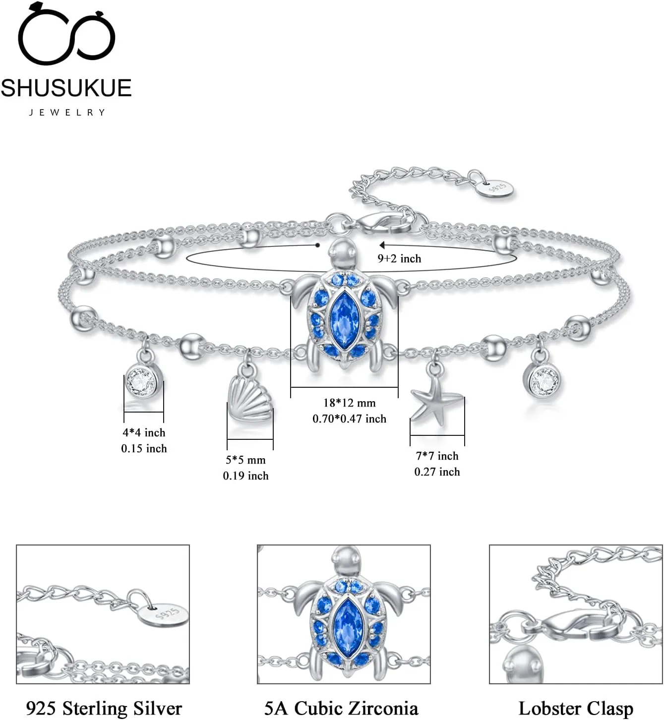 Ankle Bracelet for Women 925 Sterling Silver Sea Turtle/Four Leaf Clover/Rose/Infinity/Flamingo/Fox/Starfish/Lotus/Cat Adjustable Layered Anklet Best Friend Beach Holiday Jewelry