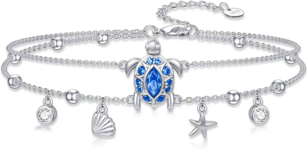 Ankle Bracelet for Women 925 Sterling Silver Sea Turtle/Four Leaf Clover/Rose/Infinity/Flamingo/Fox/Starfish/Lotus/Cat Adjustable Layered Anklet Best Friend Beach Holiday Jewelry