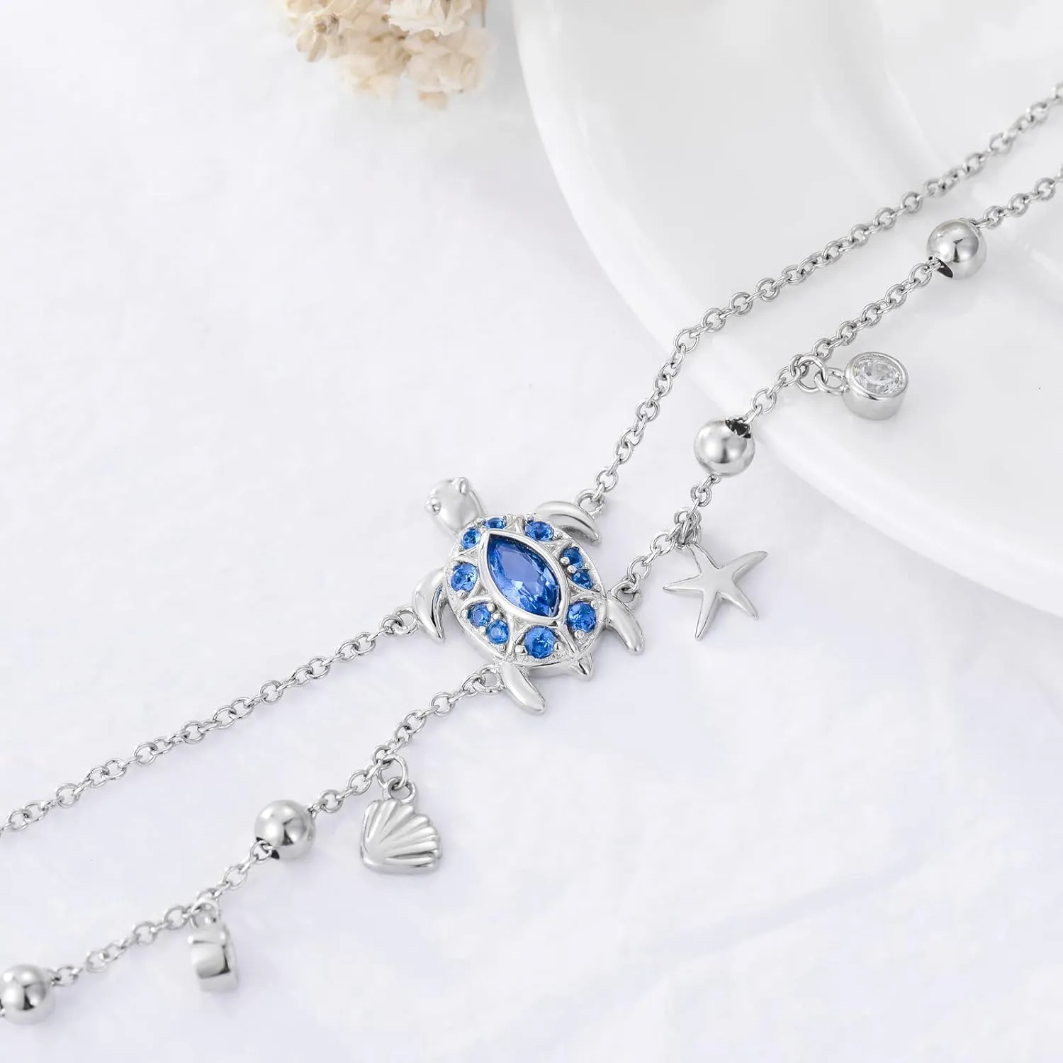 Ankle Bracelet for Women 925 Sterling Silver Sea Turtle/Four Leaf Clover/Rose/Infinity/Flamingo/Fox/Starfish/Lotus/Cat Adjustable Layered Anklet Best Friend Beach Holiday Jewelry