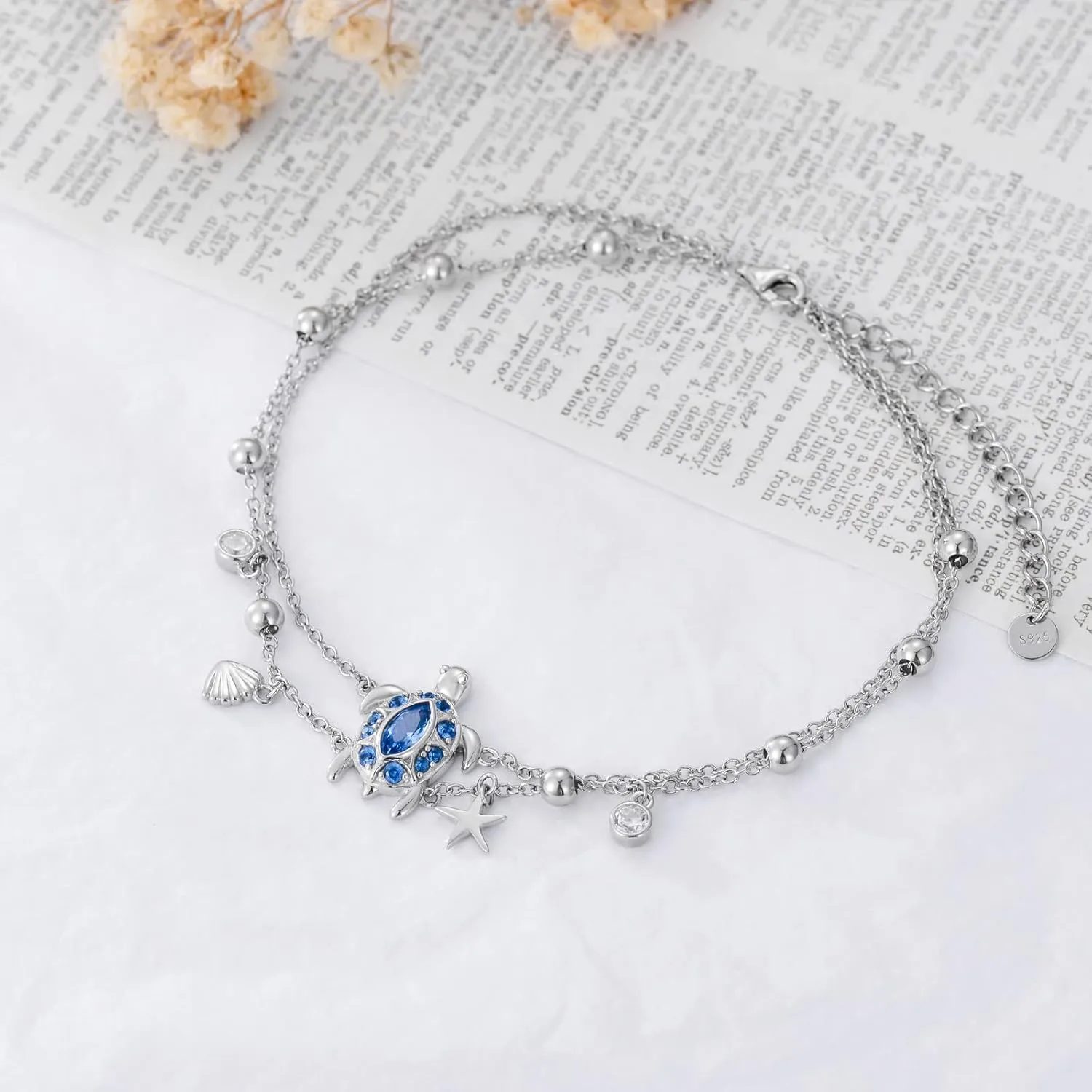 Ankle Bracelet for Women 925 Sterling Silver Sea Turtle/Four Leaf Clover/Rose/Infinity/Flamingo/Fox/Starfish/Lotus/Cat Adjustable Layered Anklet Best Friend Beach Holiday Jewelry