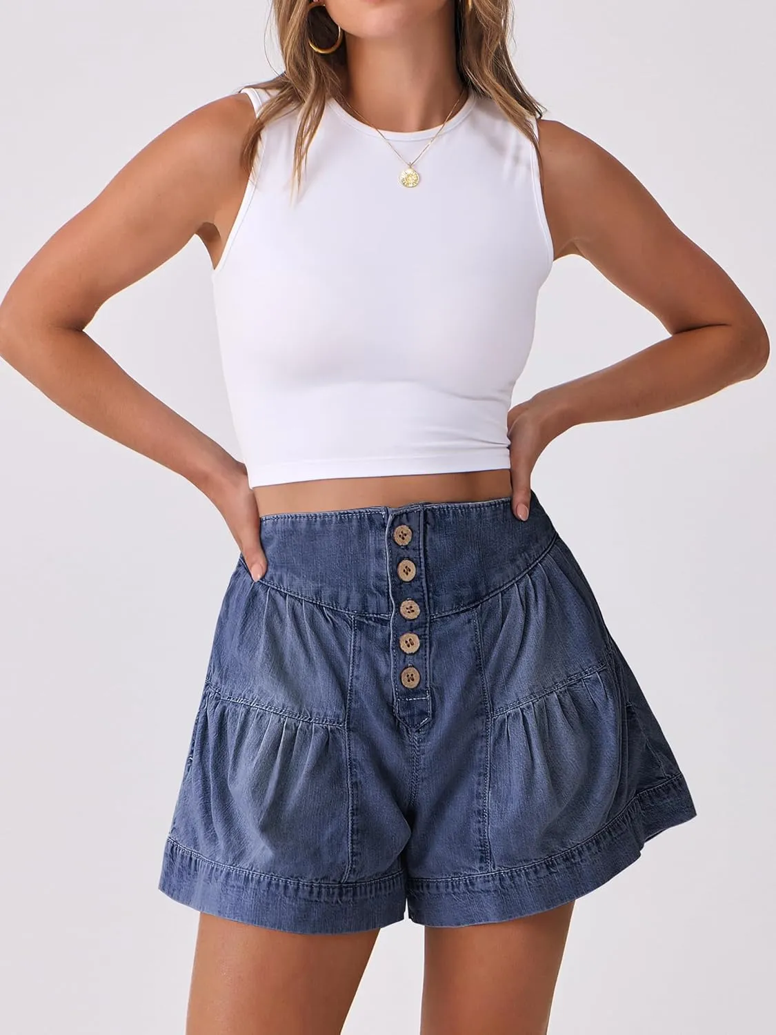 ANRABESS Women's Denim Shorts Summer Baggy High Waisted Flowy Wide Leg Buttons Pleated Casual Jean Shorts 2025 Fashion Skorts