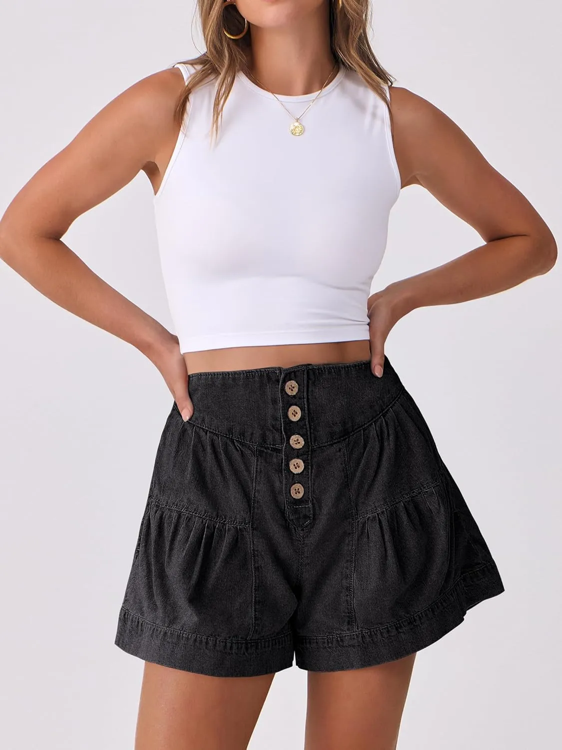 ANRABESS Women's Denim Shorts Summer Baggy High Waisted Flowy Wide Leg Buttons Pleated Casual Jean Shorts 2025 Fashion Skorts