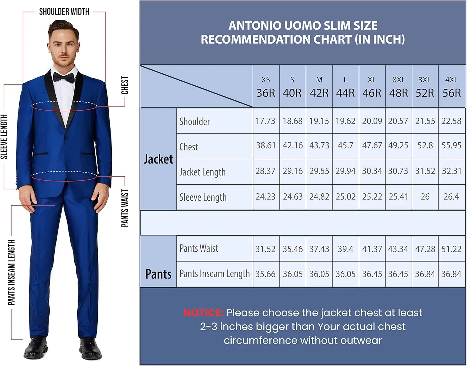 Antonio Uomo Men’s Suit Set – Slim Fit 3 Piece Blazer 2 Button Jacket Vest Pants Business Wedding Party Solid Dress Suits