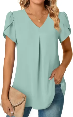 Anyally Women's Plus Size Summer Tunic Tops Dressy Casual Chiffon Blouses Short Sleeve T-Shirts for Leggings