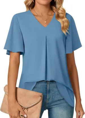 Anyally Womens Summer Dressy Chiffon Blouses V Neck 2025 Short Sleeve Tunic Tops for Leggings Casual T-Shirts