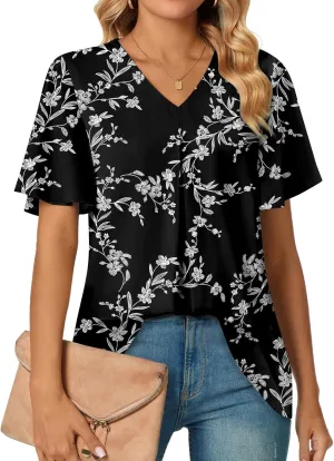 Anyally Womens Summer Dressy Chiffon Blouses V Neck 2025 Short Sleeve Tunic Tops for Leggings Casual T-Shirts