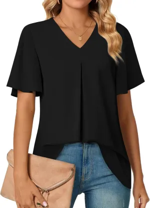 Anyally Womens Summer Dressy Chiffon Blouses V Neck 2025 Short Sleeve Tunic Tops for Leggings Casual T-Shirts