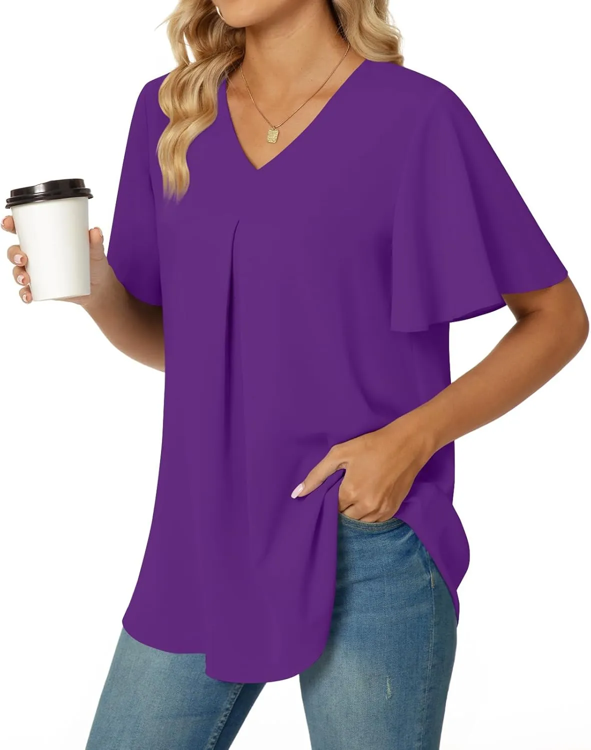 Anyally Womens Summer Dressy Chiffon Blouses V Neck 2025 Short Sleeve Tunic Tops for Leggings Casual T-Shirts