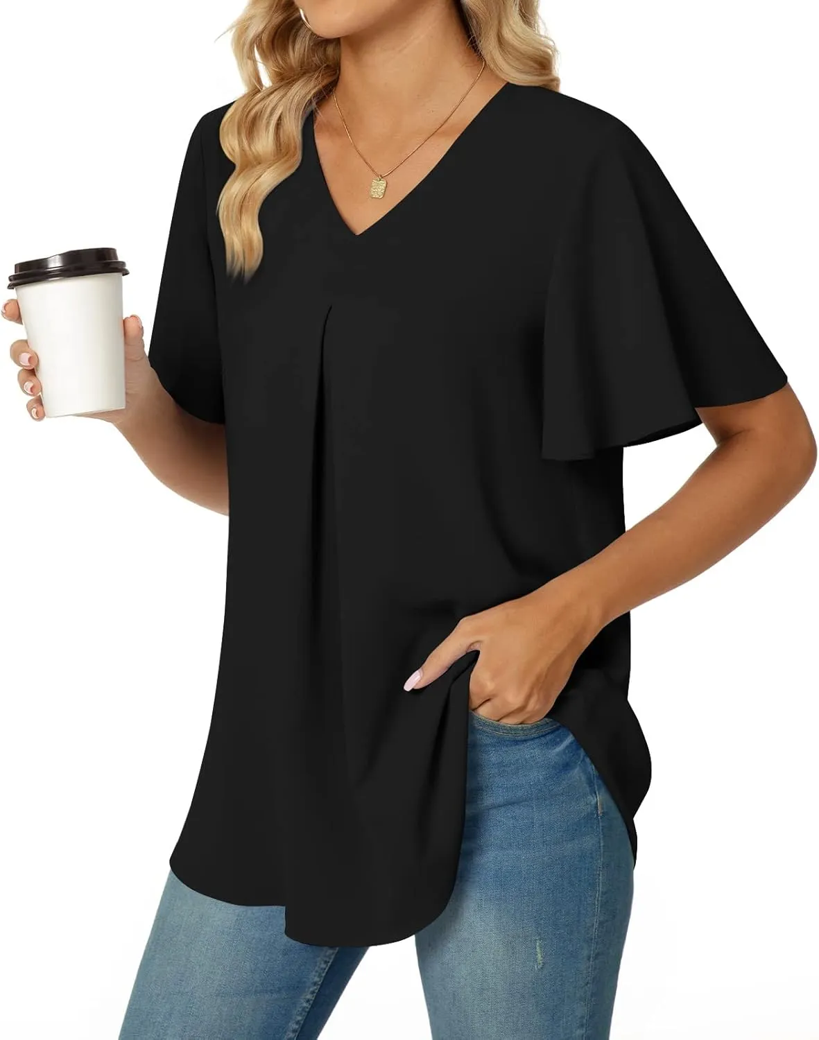 Anyally Womens Summer Dressy Chiffon Blouses V Neck 2025 Short Sleeve Tunic Tops for Leggings Casual T-Shirts