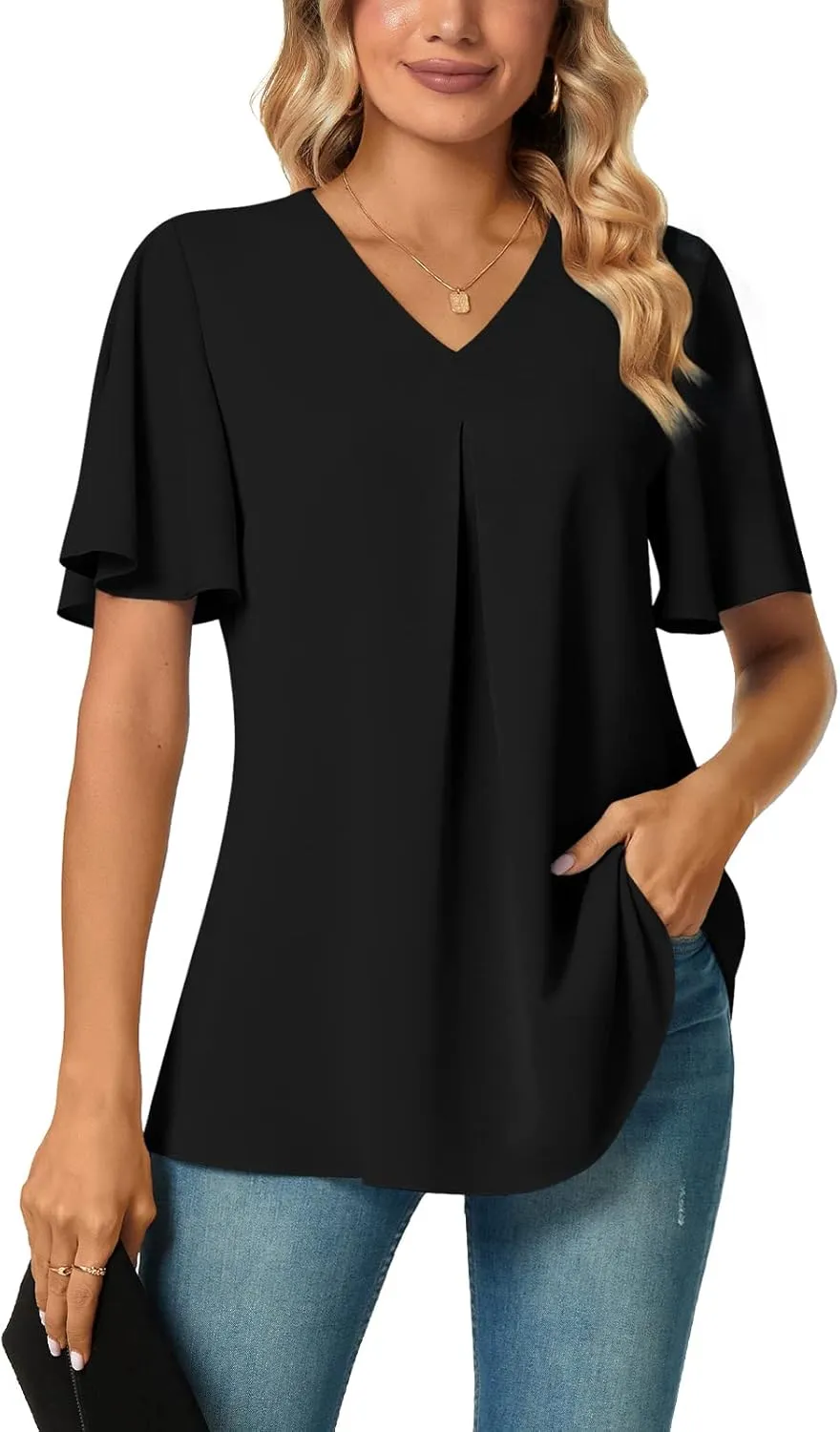 Anyally Womens Summer Dressy Chiffon Blouses V Neck 2025 Short Sleeve Tunic Tops for Leggings Casual T-Shirts