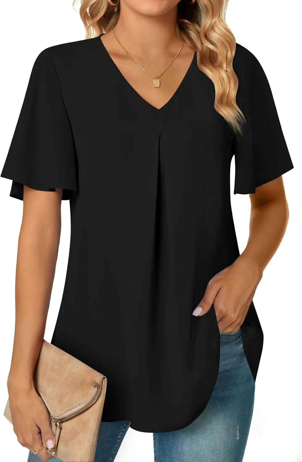 Anyally Womens Summer Dressy Chiffon Blouses V Neck 2025 Short Sleeve Tunic Tops for Leggings Casual T-Shirts