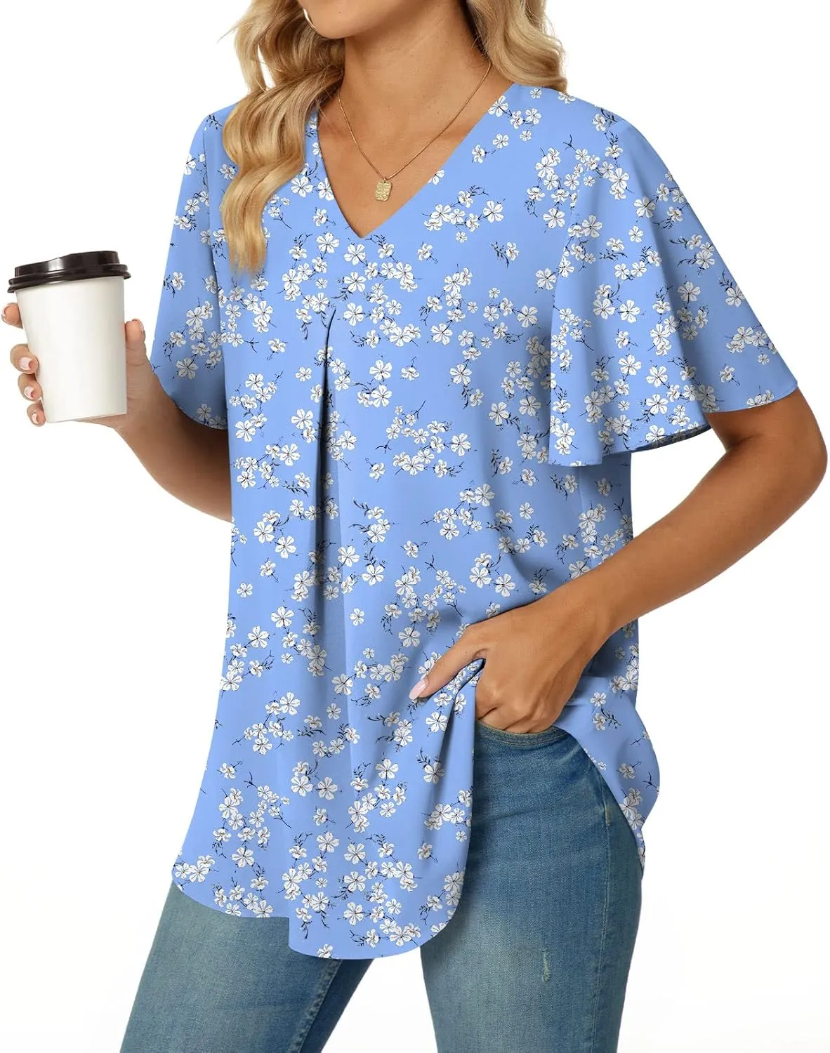 Anyally Womens Summer Dressy Chiffon Blouses V Neck 2025 Short Sleeve Tunic Tops for Leggings Casual T-Shirts