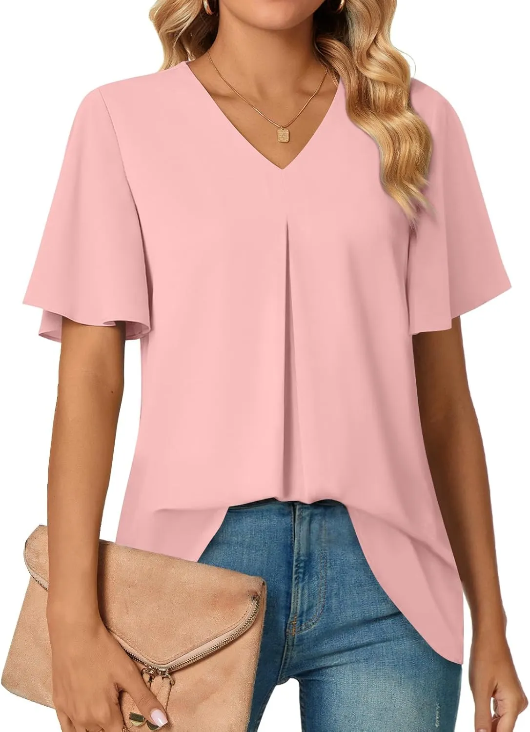 Anyally Womens Summer Dressy Chiffon Blouses V Neck 2025 Short Sleeve Tunic Tops for Leggings Casual T-Shirts