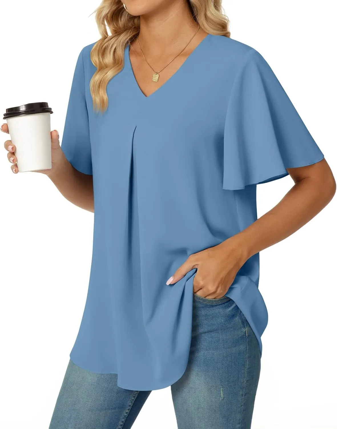 Anyally Womens Summer Dressy Chiffon Blouses V Neck 2025 Short Sleeve Tunic Tops for Leggings Casual T-Shirts