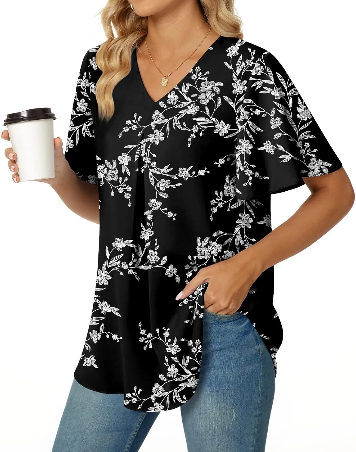 Anyally Womens Summer Dressy Chiffon Blouses V Neck 2025 Short Sleeve Tunic Tops for Leggings Casual T-Shirts