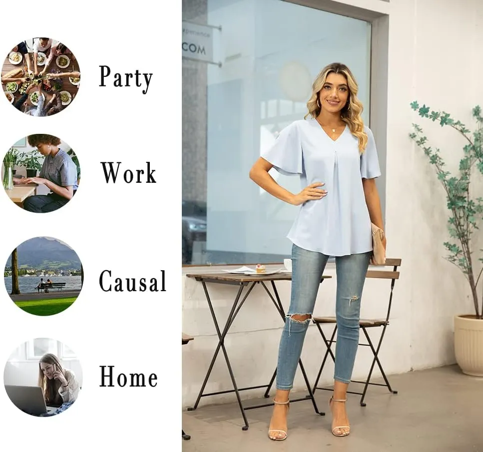Anyally Womens Summer Dressy Chiffon Blouses V Neck 2025 Short Sleeve Tunic Tops for Leggings Casual T-Shirts