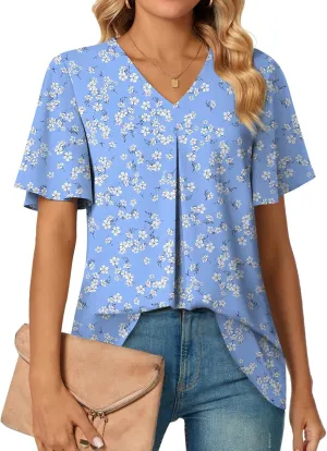 Anyally Womens Summer Dressy Chiffon Blouses V Neck 2025 Short Sleeve Tunic Tops for Leggings Casual T-Shirts