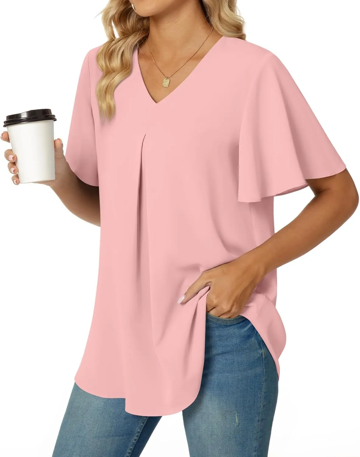 Anyally Womens Summer Dressy Chiffon Blouses V Neck 2025 Short Sleeve Tunic Tops for Leggings Casual T-Shirts