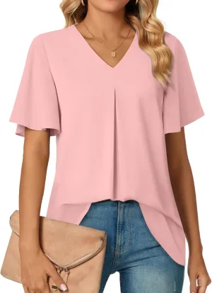 Anyally Womens Summer Dressy Chiffon Blouses V Neck 2025 Short Sleeve Tunic Tops for Leggings Casual T-Shirts