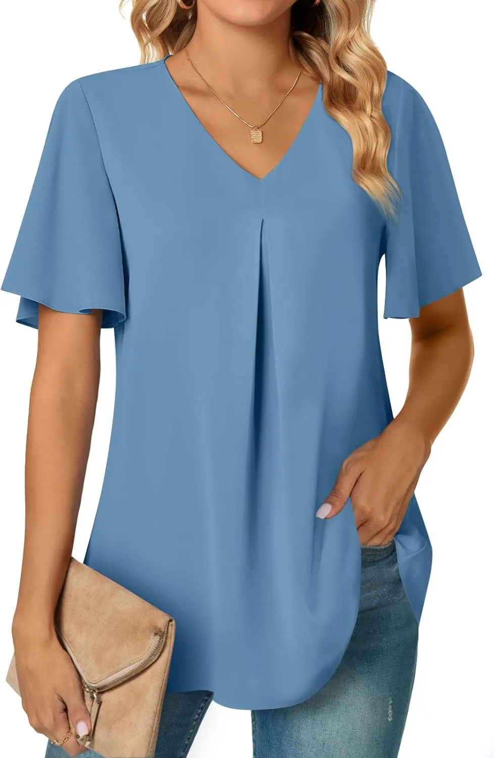Anyally Womens Summer Dressy Chiffon Blouses V Neck 2025 Short Sleeve Tunic Tops for Leggings Casual T-Shirts