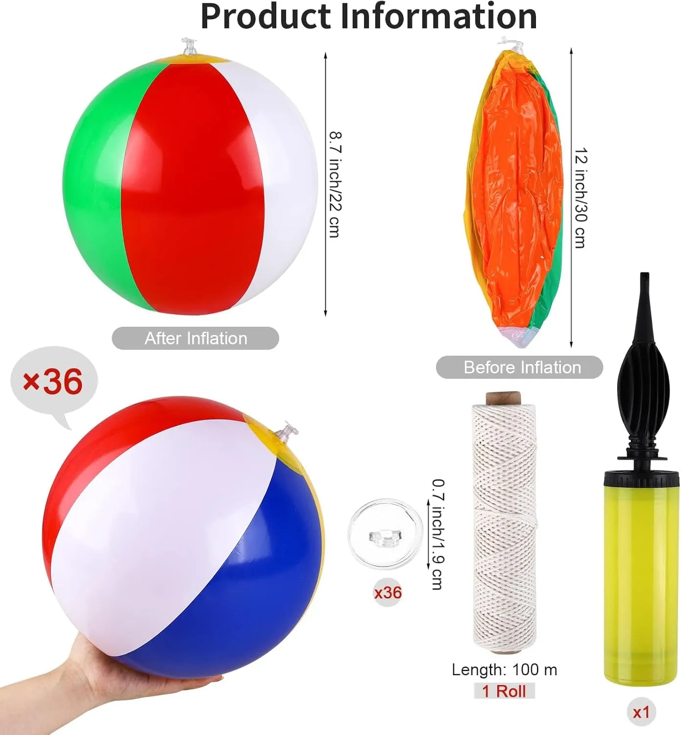 Aodaer 36 Pieces Beach Balls Bulk 12 Inch Inflatable Beach Ball Decorations Rainbow Beach Balls with Hanging Rope Hooks and Inflator for Beach Pool Toys Hawaiian Summer Birthday Party Decorations
