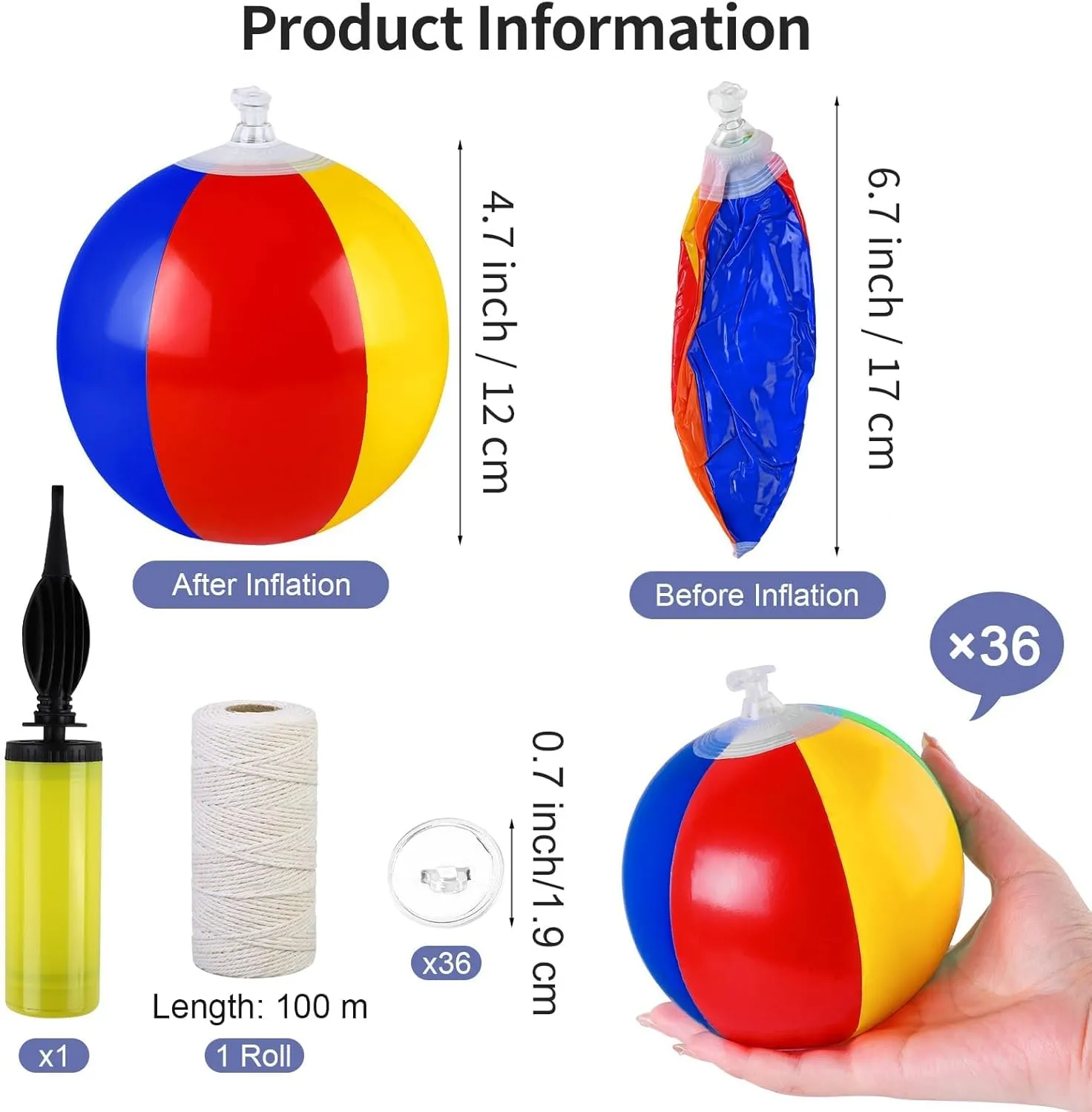 Aodaer 36 Pieces Mini Beach Balls Bulk 4.7 Inch Inflatable Beach Ball Decorations Small Rainbow Beach Balls with Hanging Rope Hooks Inflator for Beach Pool Toys Hawaiian Summer Birthday Party Decor