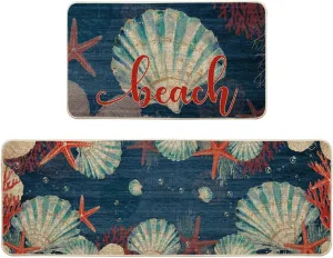 Artoid Mode Beach Sea Shell Starfish Coral Summer Kitchen Mats Set of 2, Ocean Seasonal Sports Home Decor Low-Profile Kitchen Rugs for Floor - 17x29 and 17x47 Inch