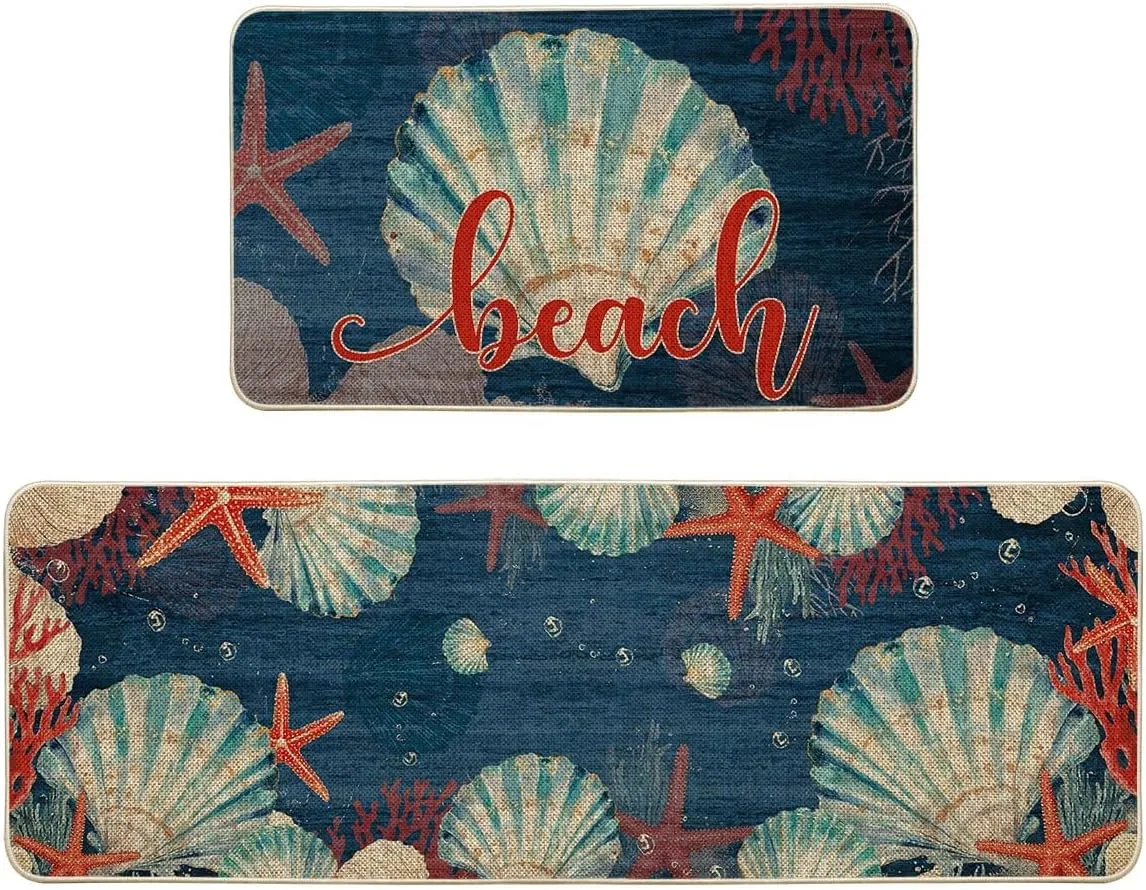 Artoid Mode Beach Sea Shell Starfish Coral Summer Kitchen Mats Set of 2, Ocean Seasonal Sports Home Decor Low-Profile Kitchen Rugs for Floor - 17x29 and 17x47 Inch