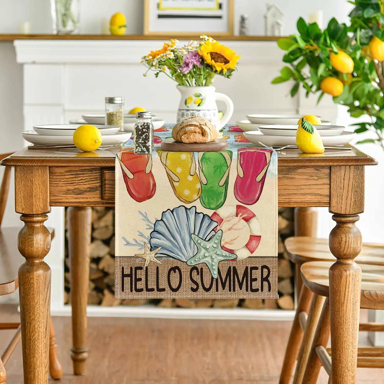 Artoid Mode Flip Flops Seaside Themed Beach Summer Table Runner, Starfish Seasonal Kitchen Dining Table Decoration for Home Party Decor 13x108 Inch