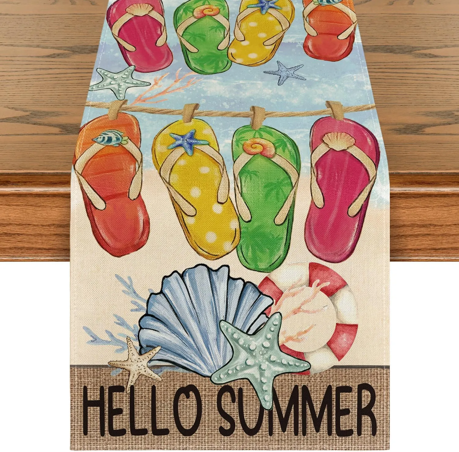 Artoid Mode Flip Flops Seaside Themed Beach Summer Table Runner, Starfish Seasonal Kitchen Dining Table Decoration for Home Party Decor 13x108 Inch