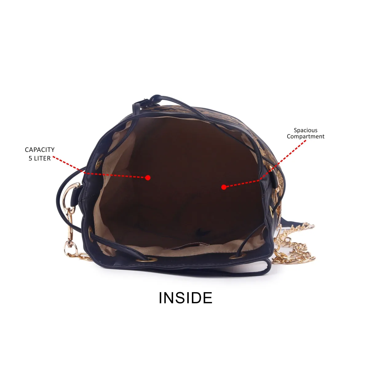 ASTRID Black Brocked Fabric Drawstring  Bag With PU and Chain Long Handle Bag.