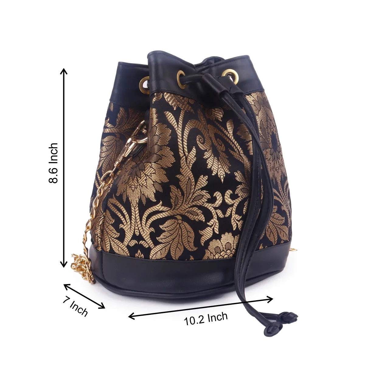 ASTRID Black Brocked Fabric Drawstring  Bag With PU and Chain Long Handle Bag.