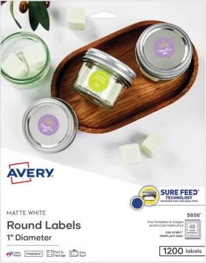 Avery Printable Round Labels, Sure Feed Technology, 1" Diameter, Matte White, Permanent Adhesive, Laser/Inkjet Printable, 1,200 Blank Labels, Great for Product Merchandising, Stickers, and More (5656)