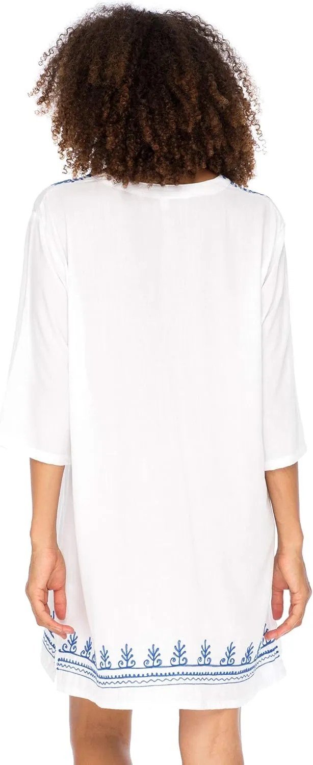 Back From Bali Womens Boho Embroidered Swimsuit Cover Up Loose Fit Casual Tunic Top Dress Resort Wear
