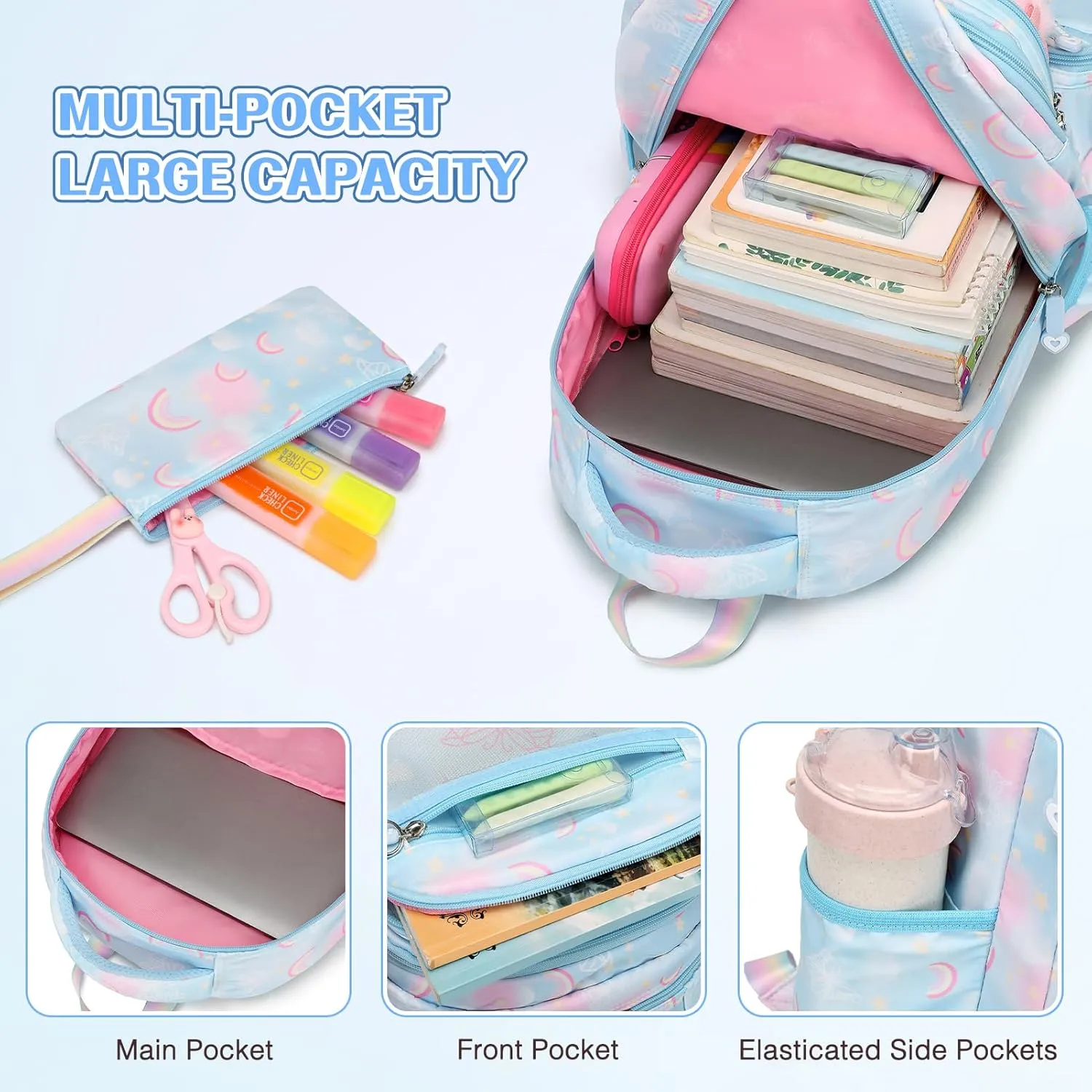 Backpack for Girls, Rainbow Butterfly Girls Backpacks with Lunch Bag Pencil Case Set, Kids Backpack Kindergarten Elementary Middle School Book Bag for Teen Girl Children Students