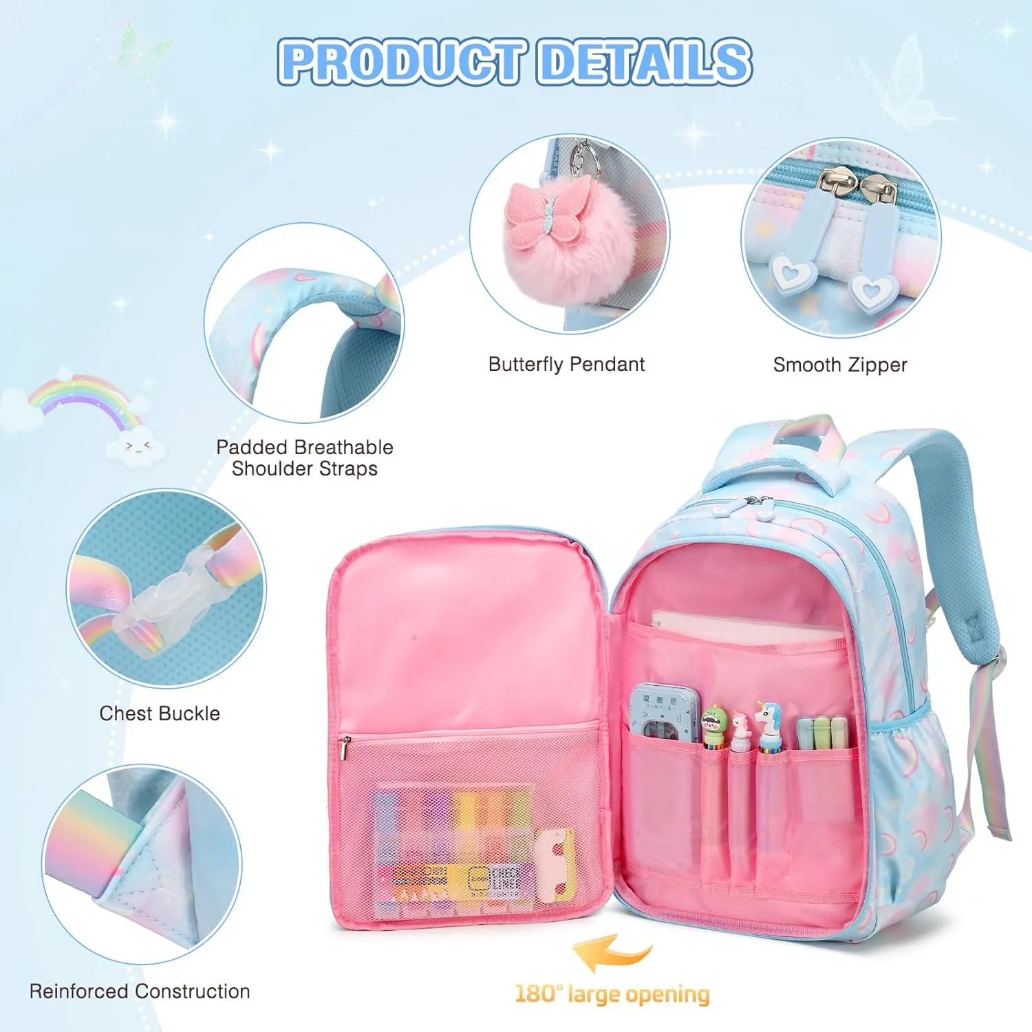 Backpack for Girls, Rainbow Butterfly Girls Backpacks with Lunch Bag Pencil Case Set, Kids Backpack Kindergarten Elementary Middle School Book Bag for Teen Girl Children Students