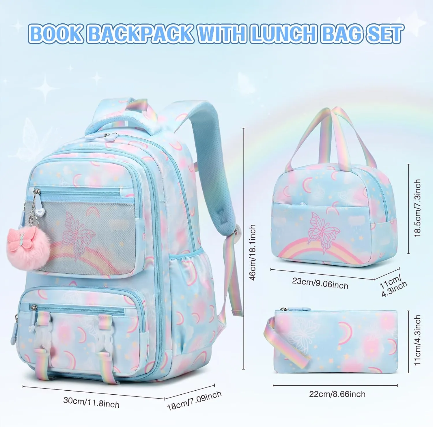 Backpack for Girls, Rainbow Butterfly Girls Backpacks with Lunch Bag Pencil Case Set, Kids Backpack Kindergarten Elementary Middle School Book Bag for Teen Girl Children Students