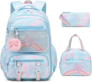 Backpack for Girls, Rainbow Butterfly Girls Backpacks with Lunch Bag Pencil Case Set, Kids Backpack Kindergarten Elementary Middle School Book Bag for Teen Girl Children Students