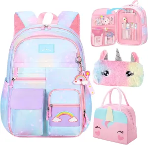 Backpacks for Girls School Cute Kids Backpack, Kawaii Backpack, Pink Girls Backpack, Starry Rainbow School Bag for Kids (Blue)