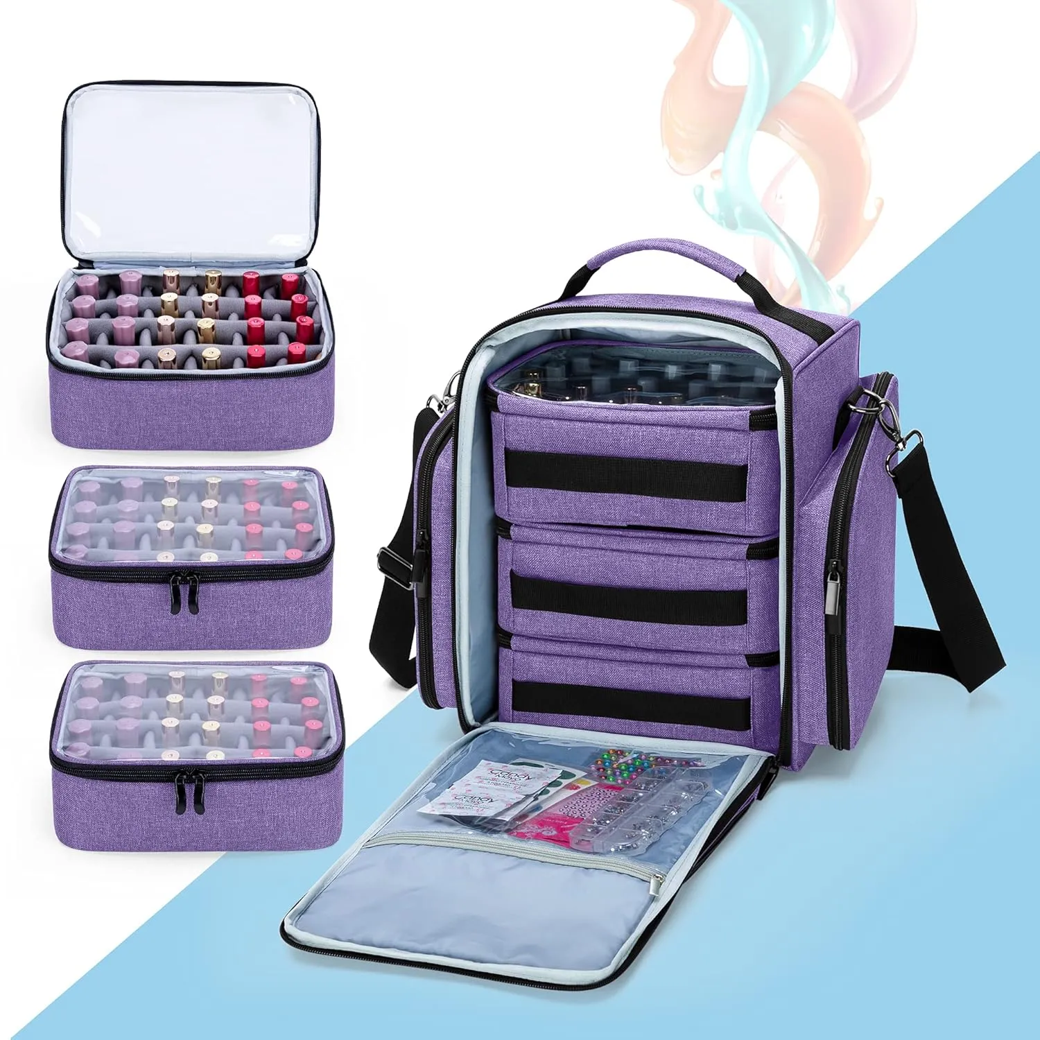 BAFASO Nail Polish Organizer Holds 72 Bottles (15ml - 0.5 fl.oz), Large Nail Polish Case with 3 Removable Pouches and Multiple Storage Sections (Patented Design), Purple