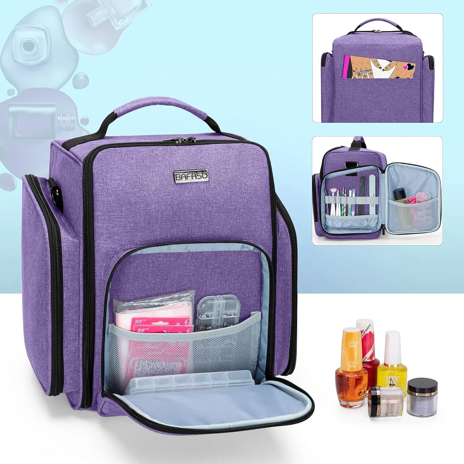 BAFASO Nail Polish Organizer Holds 72 Bottles (15ml - 0.5 fl.oz), Large Nail Polish Case with 3 Removable Pouches and Multiple Storage Sections (Patented Design), Purple