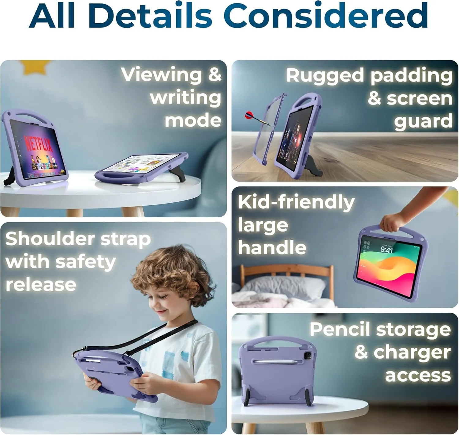 Bam Bino Space Suit Rugged Kids Case for Apple iPad Pro 13 M4, iPad Air 13 M2/M3 (2024/2025) Case for Kids with Built-in Screen Protector, Handle, Stand, Pencil Holder, Shoulder Strap (Nebula Violet)
