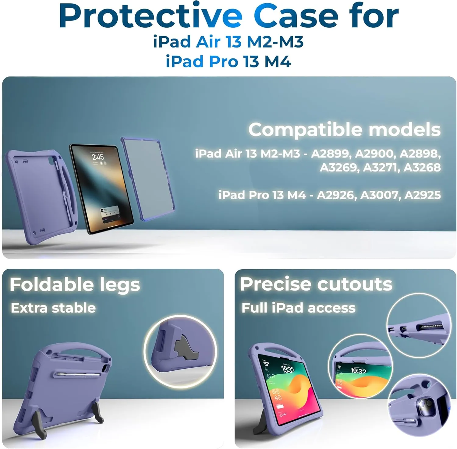 Bam Bino Space Suit Rugged Kids Case for Apple iPad Pro 13 M4, iPad Air 13 M2/M3 (2024/2025) Case for Kids with Built-in Screen Protector, Handle, Stand, Pencil Holder, Shoulder Strap (Nebula Violet)