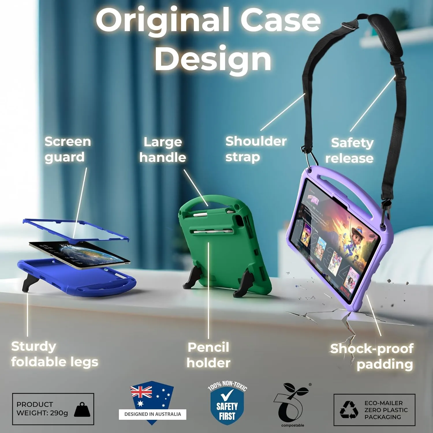 Bam Bino Space Suit Rugged Kids Case for Apple iPad Pro 13 M4, iPad Air 13 M2/M3 (2024/2025) Case for Kids with Built-in Screen Protector, Handle, Stand, Pencil Holder, Shoulder Strap (Nebula Violet)
